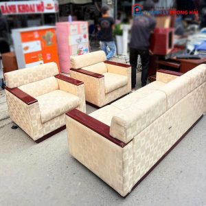 Sofa Bọc Vải Tay Ốp Gỗ 3 Món Cũ