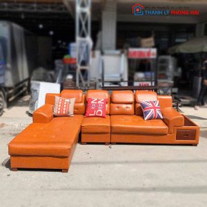 Sofa Góc L Bọc Da Kèm Hộc Màu Nâu Cam Cũ