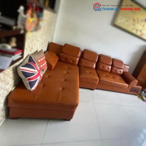 Sofa Góc L Bọc Da Kèm Hộc Màu Nâu Cam Cũ