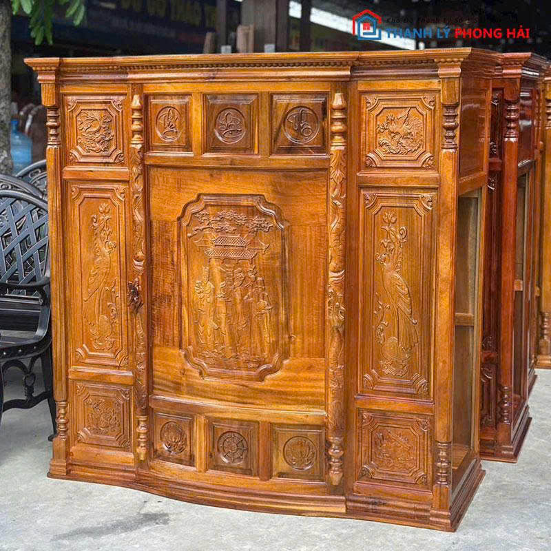 tu-tho-go-tram-1m27-cham-phuc-loc-tho-1 Tủ Thờ Gỗ Tràm 1m27 Chạm Phúc Lộc Thọ Mới 99%